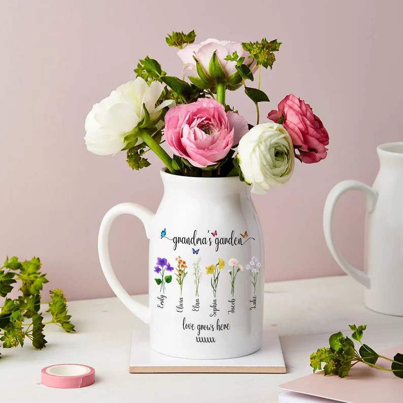 Custom Grandma's Garden Vase With Grandkids Names Birth Month Flower Vase