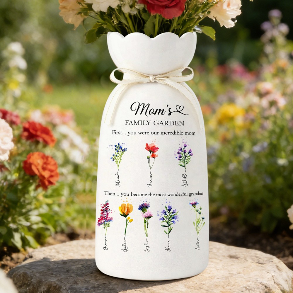 Custom Family Garden Birth Flower Vase With Grandchildren Name For Mother's Day Gift