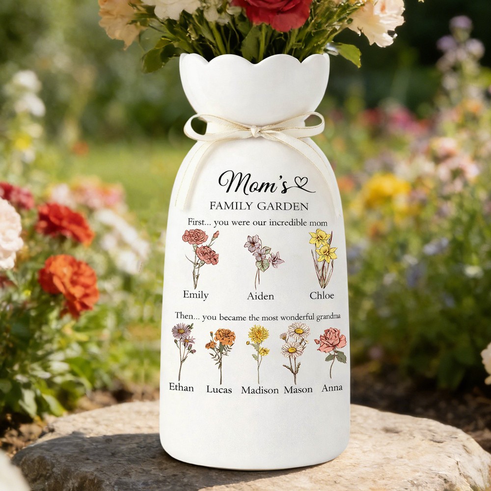 Custom Family Garden Birth Flower Vase With Grandchildren Name For Mother's Day Gift