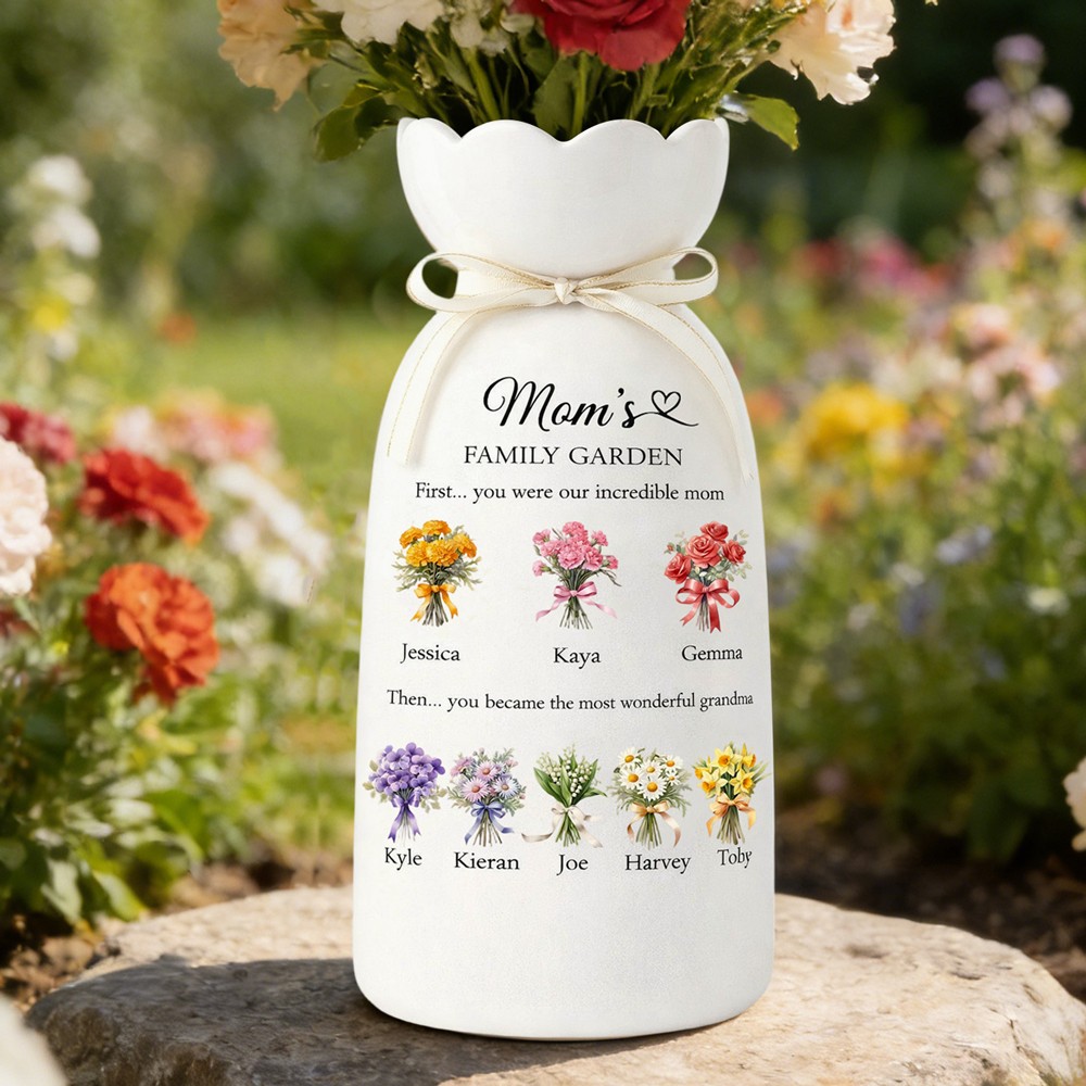 Custom Family Garden Birth Flower Vase With Grandchildren Name For Mother's Day Gift