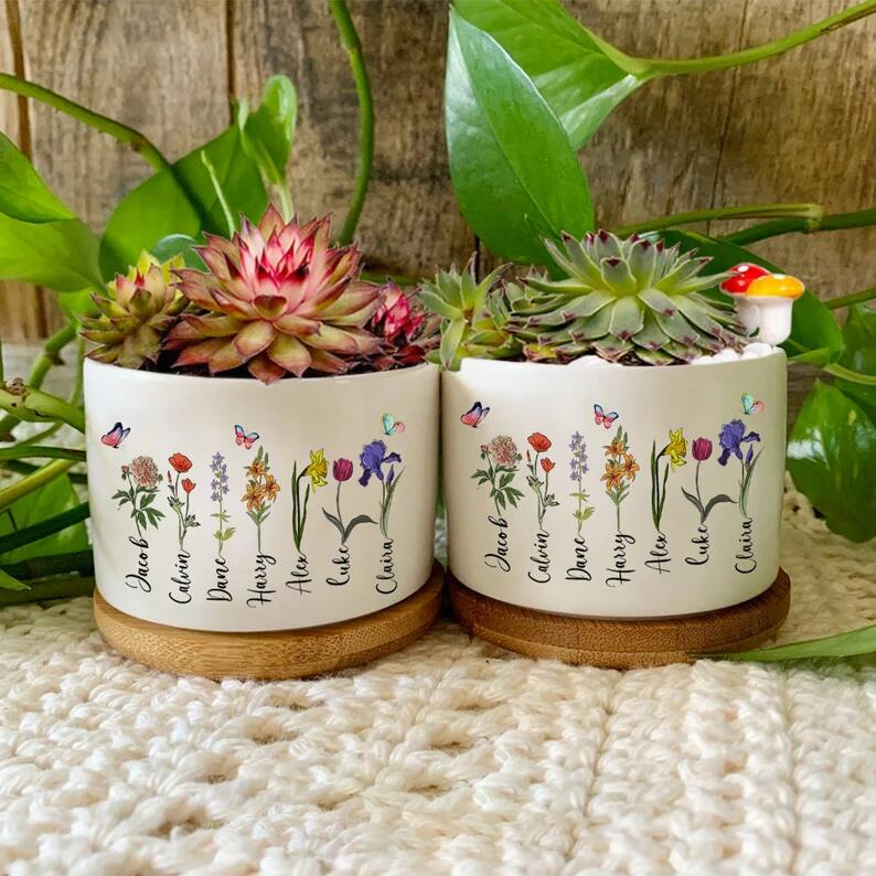 Custom Birth Flower Pot With  Names Birth Month Flower Pot