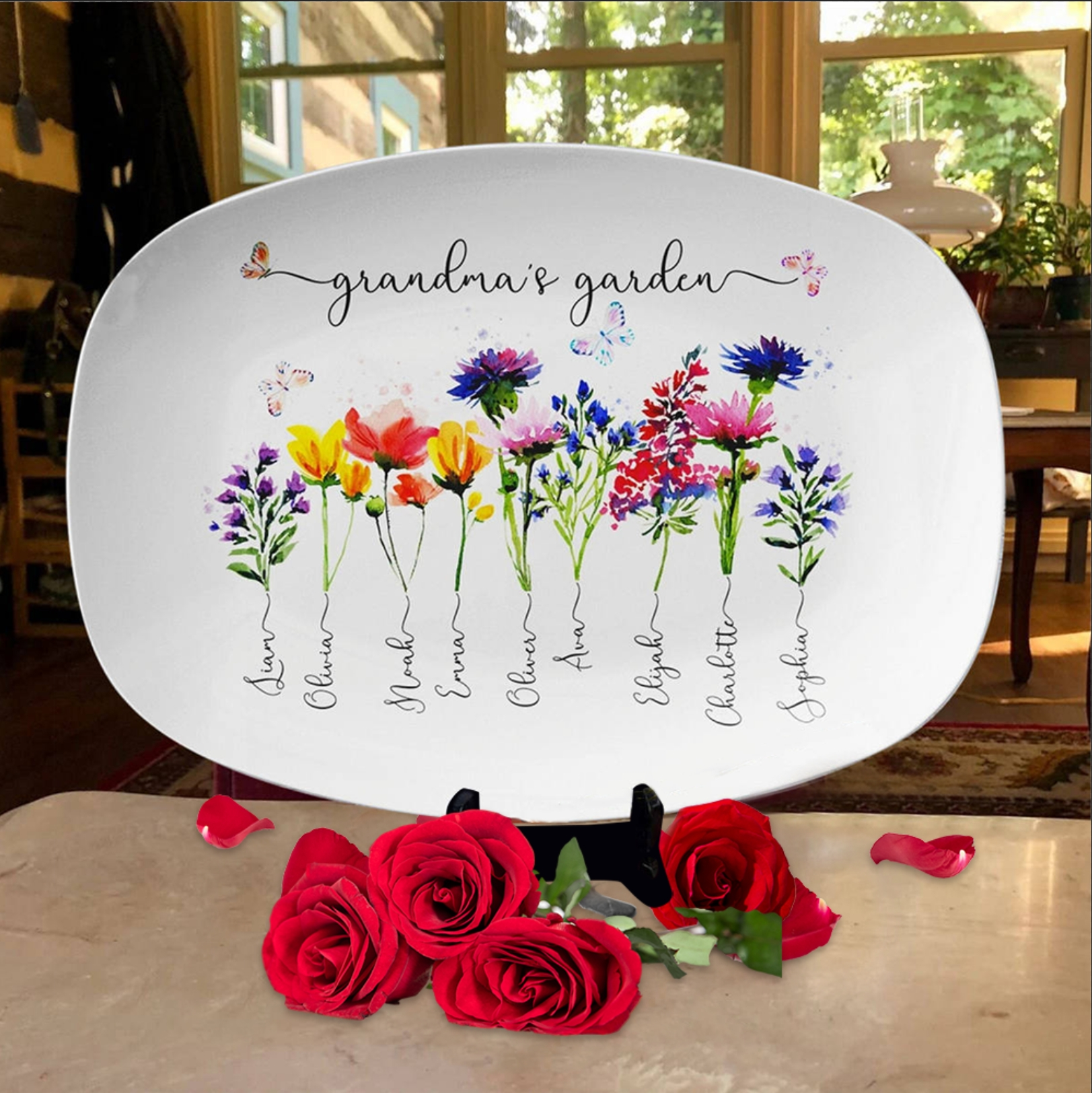 Personalized Nana's Garden Plate Birth Month Flower Platter With Grandchildren Names Mother's Day Gift For Nana, Grandma