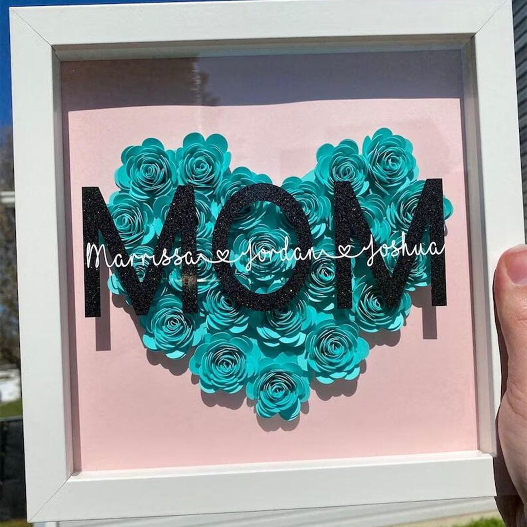 Mom Heart Shaped Monogram Flower Shadow Box Gift For Mothers