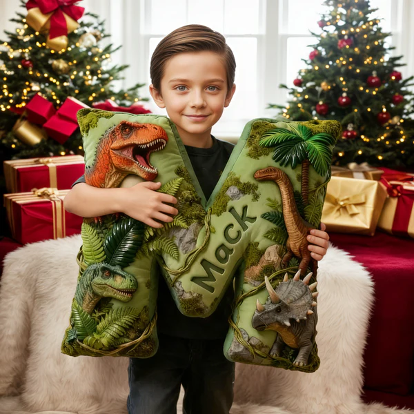 Personalized Dinosaur World Initial Graphic 3D Print Pillow with Name Christmas Gift for Kids