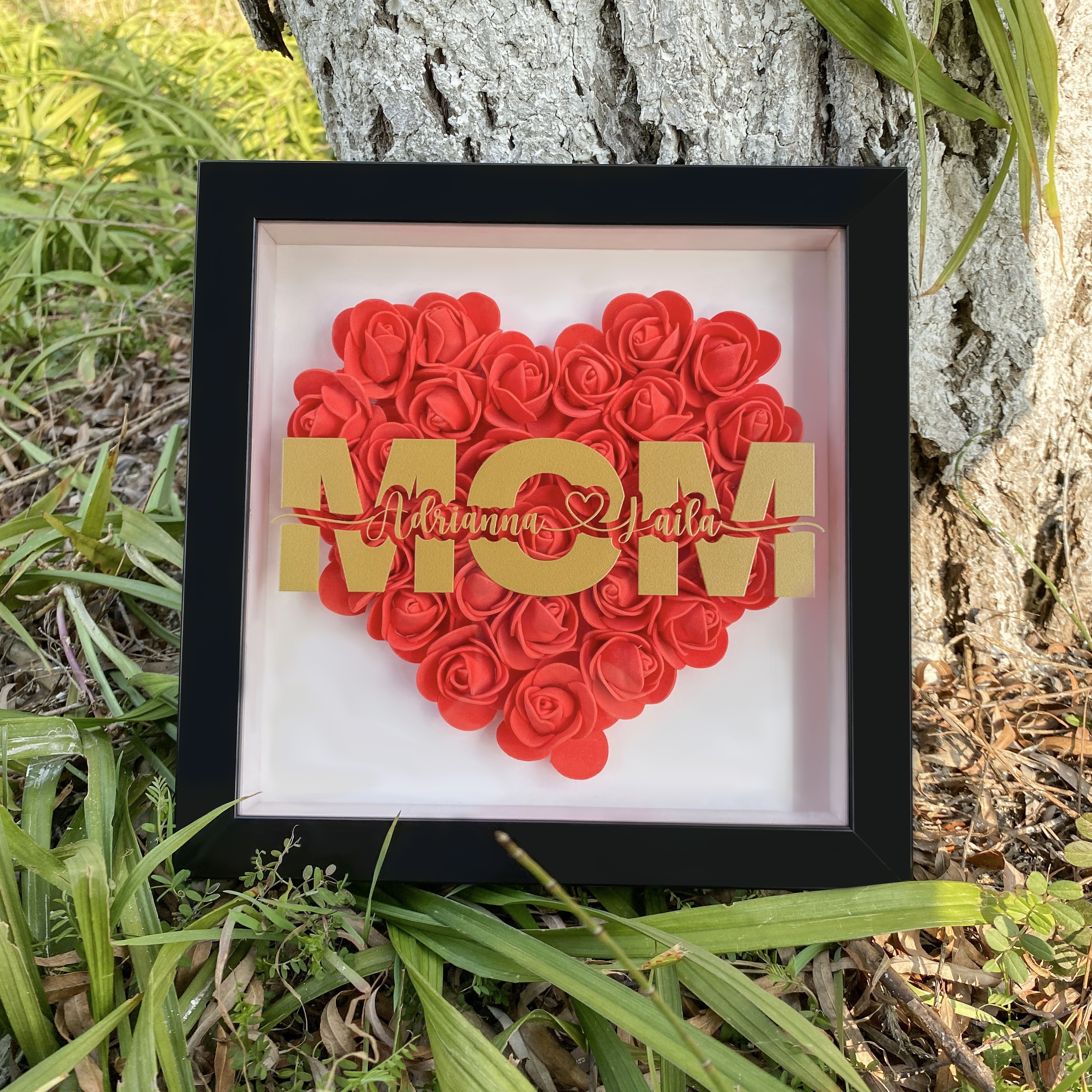 Mom Heart Shaped Monogram Flower Shadow Box Gift For Mothers