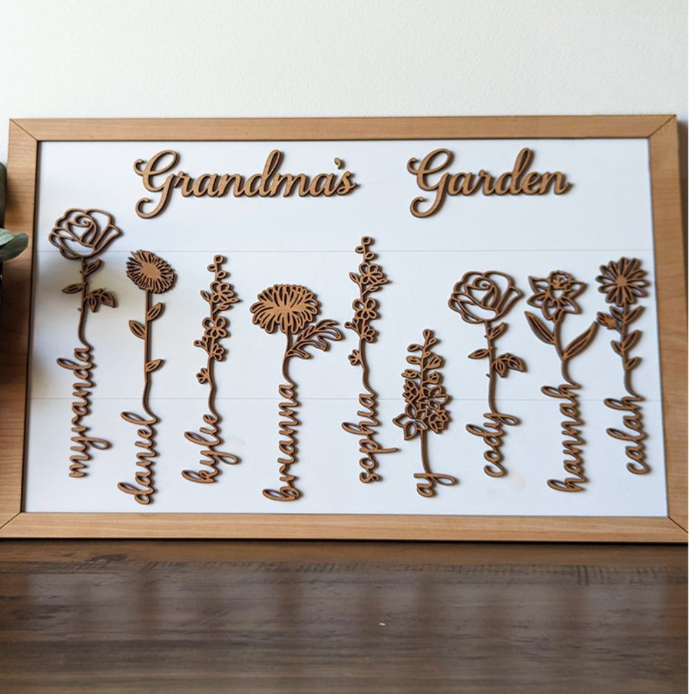 Personalized Grandma's Garden Birth Month Flower Frame Wood Sign, Gifts For Mother's Day
