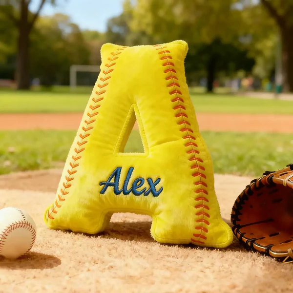 Personalized Softball Themed Letter Shaped Pillow with Custom Name