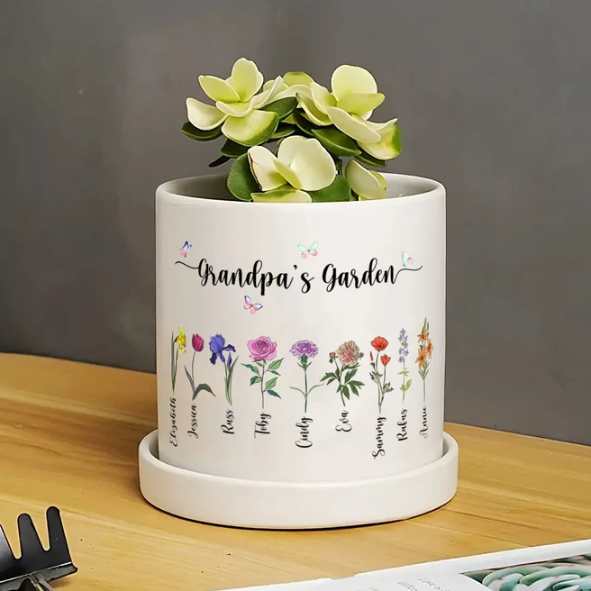 Personalized Grandma's Garden Outdoor Flower Pot With Grandkids Name and Birth Flower For Mother's Day