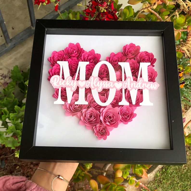Mom Heart Shaped Monogram Flower Shadow Box Gift For Mothers
