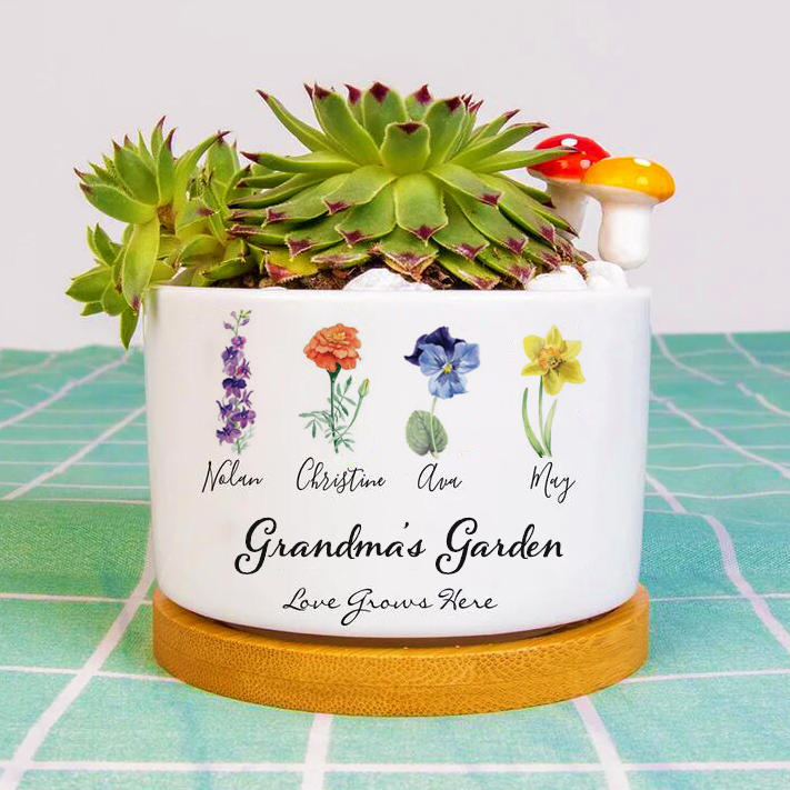 Personalized Grandma's Garden Outdoor Flower Pot With Grandkids Name and Birth Flower For Mother's Day