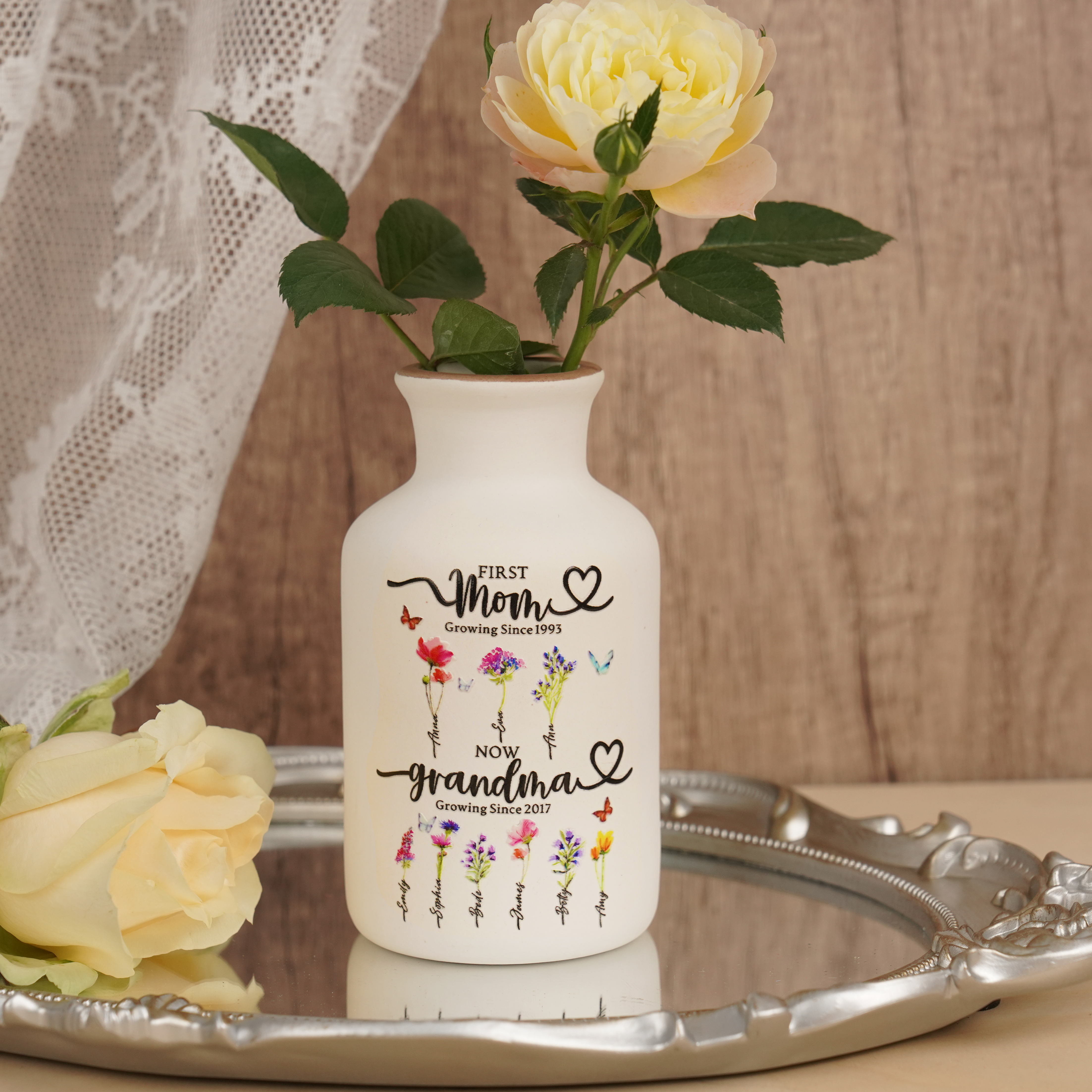 Custom Mom's and Grandma Two Generation Garden Vase Birth Flower Plant Vase With Names Mother's Day Gifts Heartful Gift for Mom Grandma