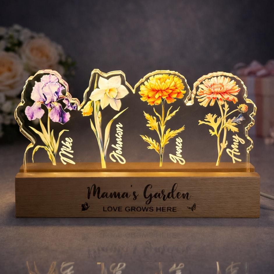 Custom Birth Flower Night Light with Kids Names Mother's Day Gift