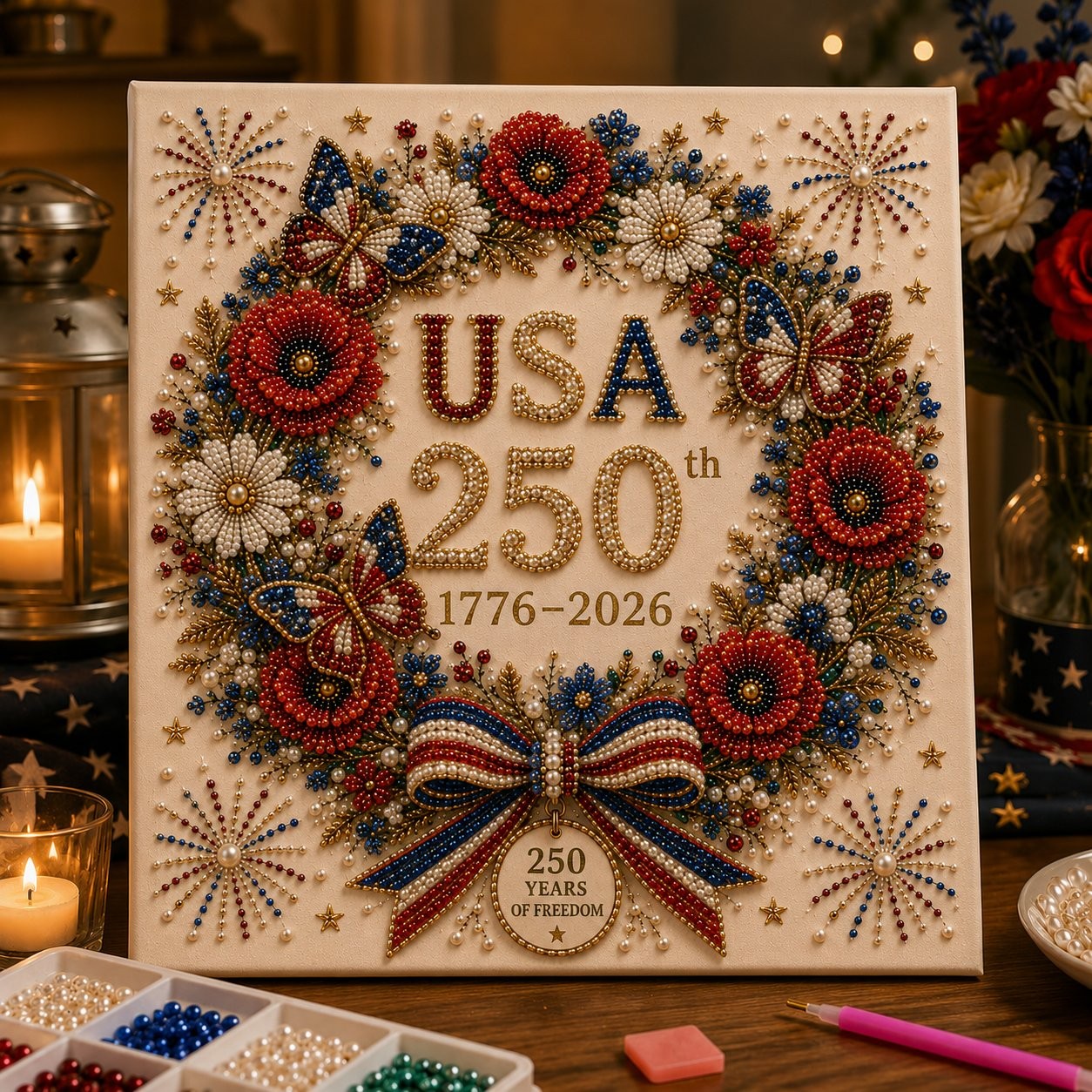 USA 250th Anniversary DIY Pearl Painting Kit,Patriotic 3D Wall Art,Beginner-Friendly