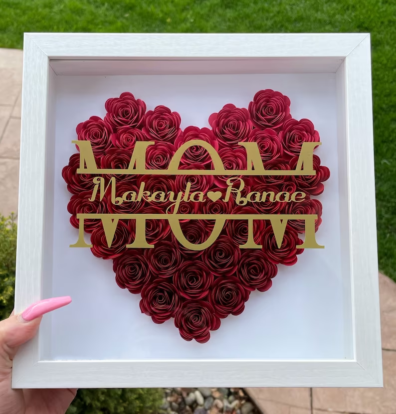 Mom Heart Shaped Monogram Flower Shadow Box Gift For Mothers