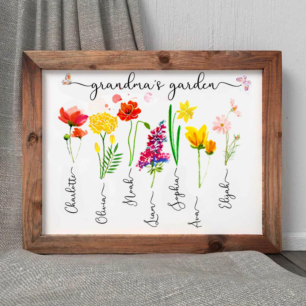 Personalized Grandma's Garden Frame Sign With Grandchildren Names and Birth Flower For Mother's Day Gift