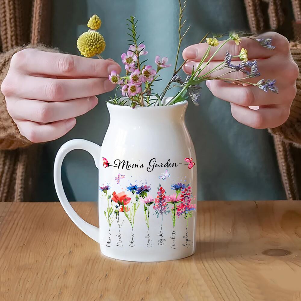 Custom Mom's Garden Birth Flower Vase With Kids Name and Birth Flower Ideal Gifts for Mother's Day