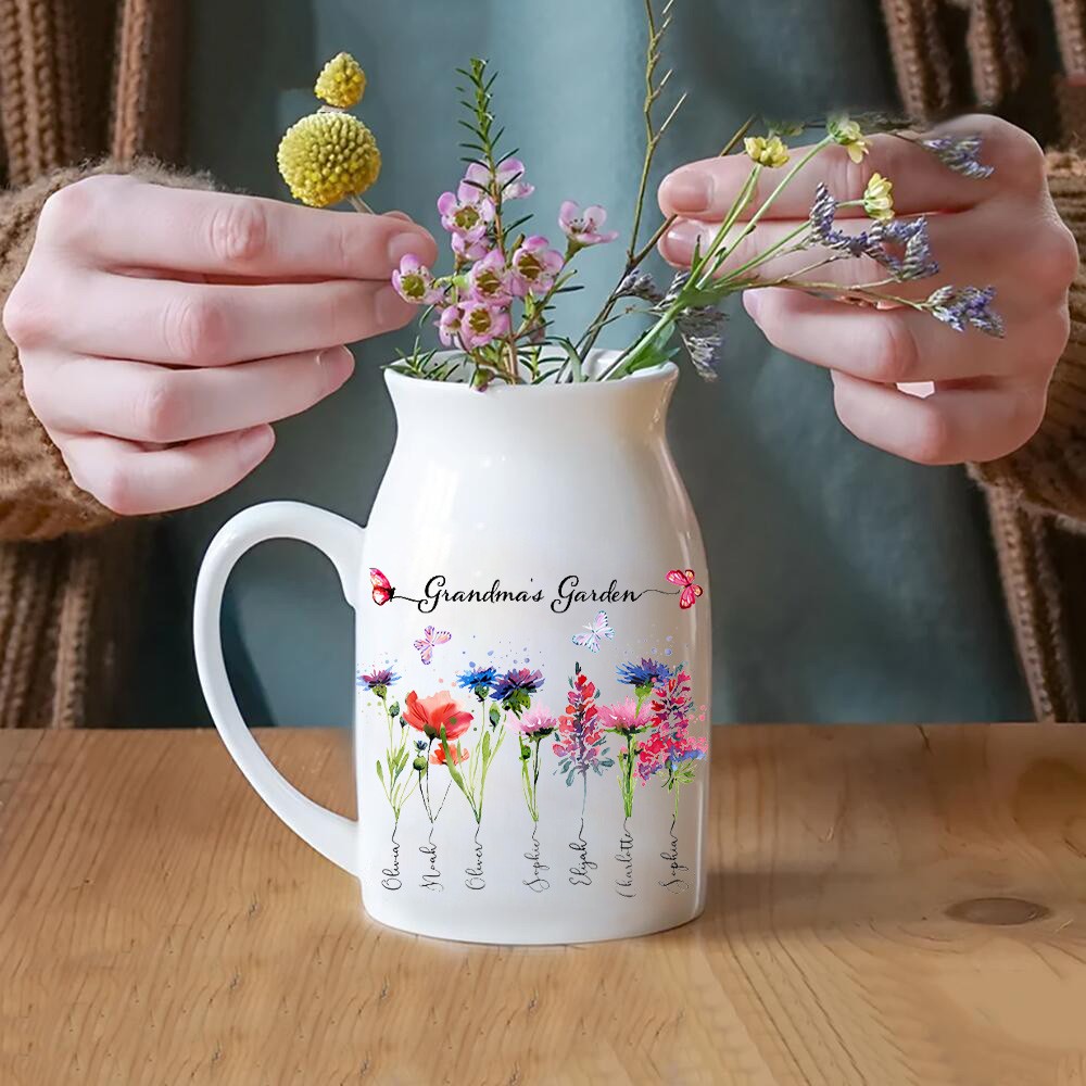 Custom Grandma's Garden Vase With Grandkids Names Birth Month Flower Vase