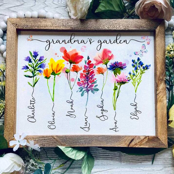 Personalized Grandma's Garden Frame Sign With Grandchildren Names and Birth Flower For Mother's Day Gift