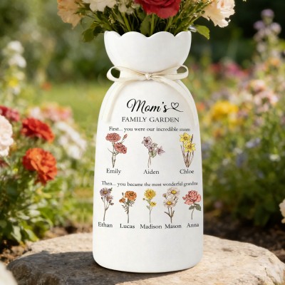Custom Family Garden Birth Flower Vase With Grandchildren Name For Mother's Day Gift