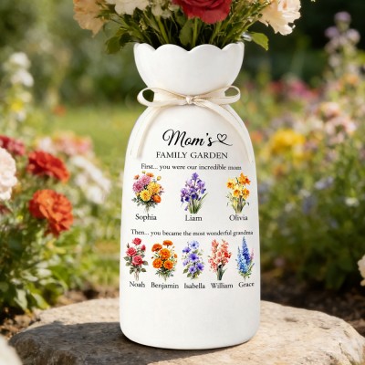 Custom Family Garden Birth Flower Vase With Grandchildren Name For Mother's Day Gift