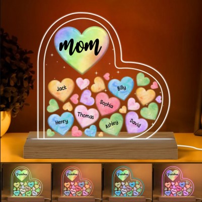 Personalized Cute Mom Hearts In Heart Light with 1-15 Kids Names for Grandma and Mom on Mother's Day.