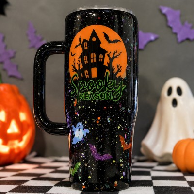 Halloween Light-Up Tumbler, Handmade Glitter LED Spooky Cup, 30oz Stainless Steel Halloween Travel Mug