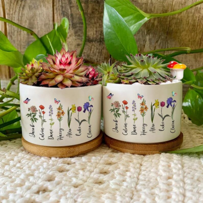 Custom Birth Flower Pot With  Names Birth Month Flower Pot