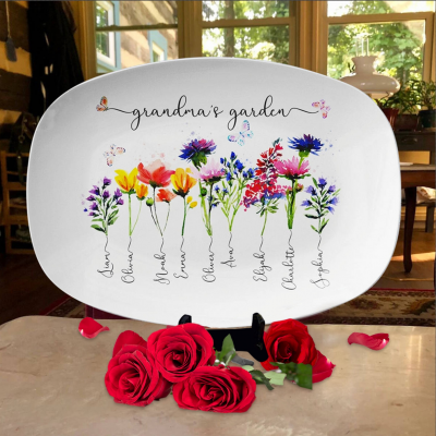 Personalized Nana's Garden Plate Birth Month Flower Platter With Grandchildren Names Mother's Day Gift For Nana, Grandma