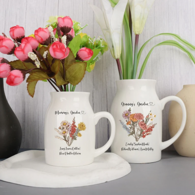 Personalized Grandma's Garden Outdoor Flower Vase With Grandkids Name and Birth Flower For Mother's Day