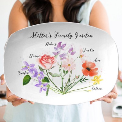 Personalized Grandma's Garden Plate Birth Month Flower Platter With Grandchildren Names Mother's Day Gift For Grandma