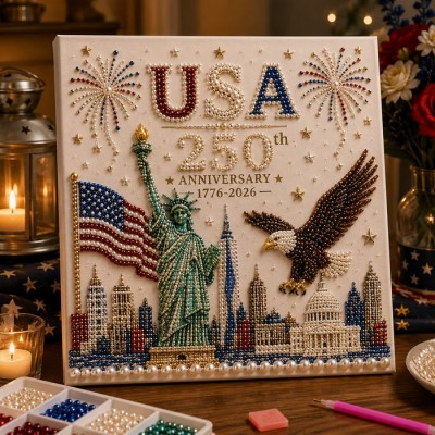 USA 250th Anniversary DIY Pearl Painting Kit,Patriotic 3D Wall Art,Beginner-Friendly