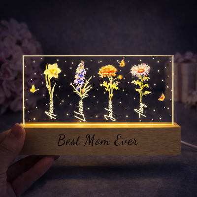 Custom Birth Flower Night Light with Kids Names Mother's Day Gift