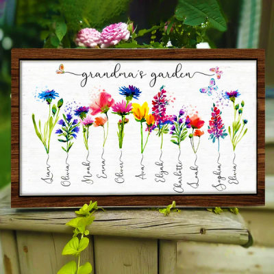 Personalized Grandma's Garden Frame Sign With Grandchildren Names and Birth Flower For Mother's Day Gift