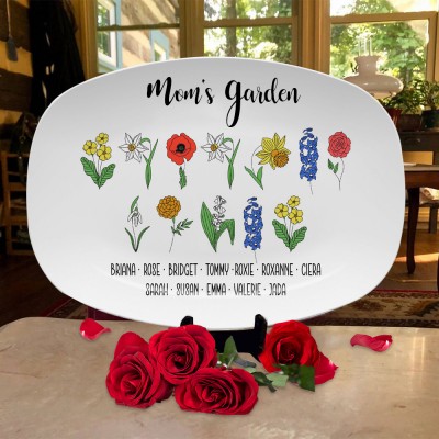 Personalized Mom's Garden Plate Birth Month Flower Platter With Children Names Mother's Day Gift