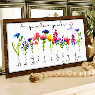 Personalized Grandma's Garden Frame Sign With Grandchildren Names and Birth Flower For Mother's Day Gift