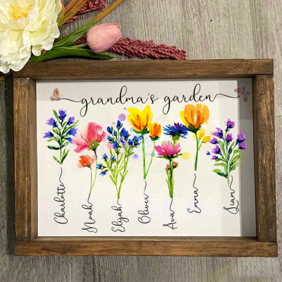 Personalized Grandma's Garden Frame Sign With Grandchildren Names and Birth Flower For Mother's Day Gift