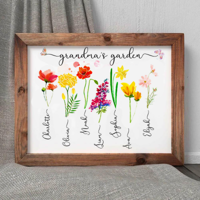 Personalized Grandma's Garden Frame Sign With Grandchildren Names and Birth Flower For Mother's Day Gift