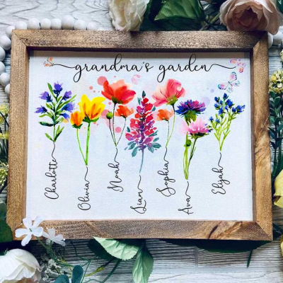 Personalized Grandma's Garden Frame Sign With Grandchildren Names and Birth Flower For Mother's Day Gift